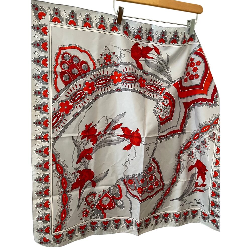 Vintage 60s Monique Valery Square Scarf gray and red Iris Floral print